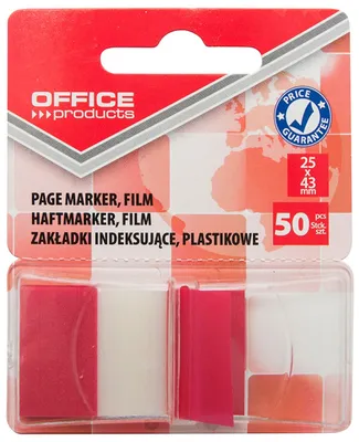 Zakładki indeksujące OFFICE PRODUCTS, PP, 25x43mm, 1x50 kart., blister, czerwone