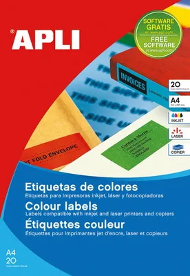 Etykiety kolorowe APLI, 210x297mm, prostokątne, żółte, 20 ark.