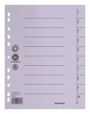 Przekładka DONAU, karton, A4, 235x300mm, 1-10, 1 karta, szara