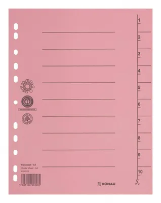 Przekładka DONAU, karton, A4, 235x300mm, 1-10, 1 karta, jasnoróżowa