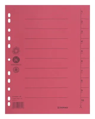 Przekładka DONAU, karton, A4, 235x300mm, 1-10, 1 karta, czerwona