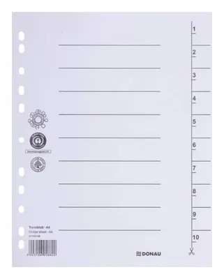 Przekładka DONAU, karton, A4, 235x300mm, 1-10, 1 karta, biała
