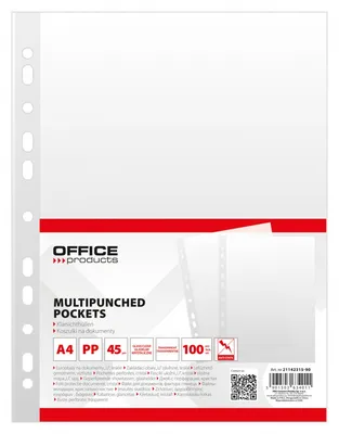 Koszulki na dokumenty OFFICE PRODUCTS, PP, A4, krystal, 45mikr., 100szt.