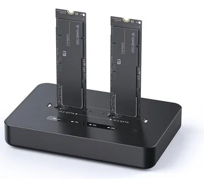 Stacja dokująca do komputerów stacjonarnych z dwoma dyskami SSD USB typu C, M.2 NVME (i SATA), czarna