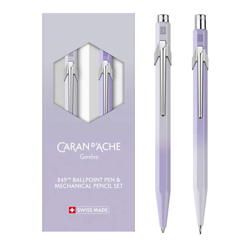 Zestaw długopis 849 + ołówek 844 Caran d’Ache Blooming Lavender, w etui, liliowo-szary