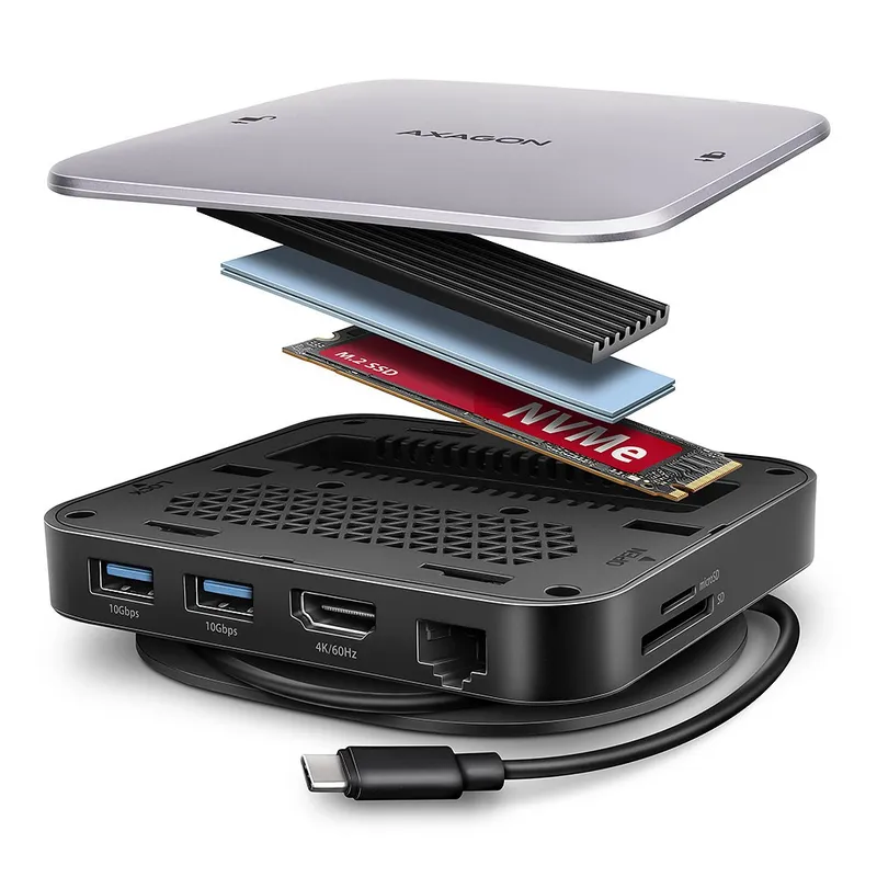 HMC-UFO Wieloportowy hub USB 9in1, 10Gbps, 2x USB-A, HDMI 4K/60Hz, M.2 NVMe/SATA, audio, PD 100W, SD/microSD, GLAN, 65cm USB-C kabel