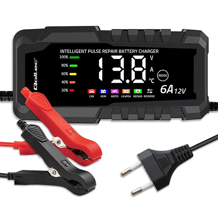 Mikroprocesorowa ładowarka 12V 6A | Prostownik z funkcją naprawy do akumulatora AGM GEL LiFePO4 | LCD